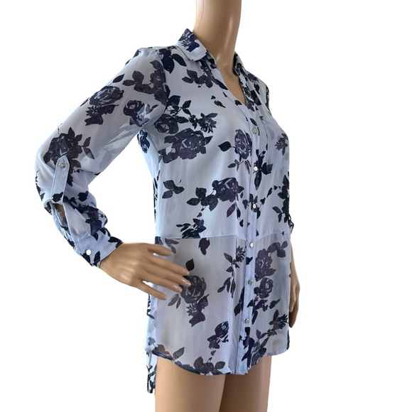 Candies Floral Button Blouse Roll Tab Sleeves Hi Low - Picture 2 of 5